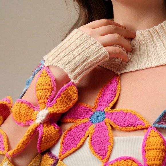 Apricot Casual Women's Plus Size Floral Crochet Hollow Out Sexy Sweater - Picture 4 of 5